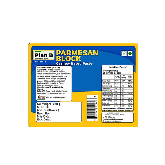 Plan B Vegan Parmesan Cheese Block - Cashew Based Paste, 250 g