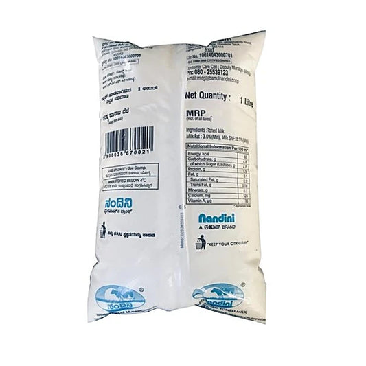 Nandini Pasteurised Toned Milk, 1 L Pouch