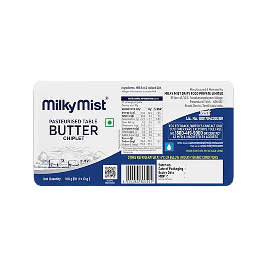 Milky Mist Pasteurised Table Butter Chiplet, 100 g (10 Units x 10 g each)