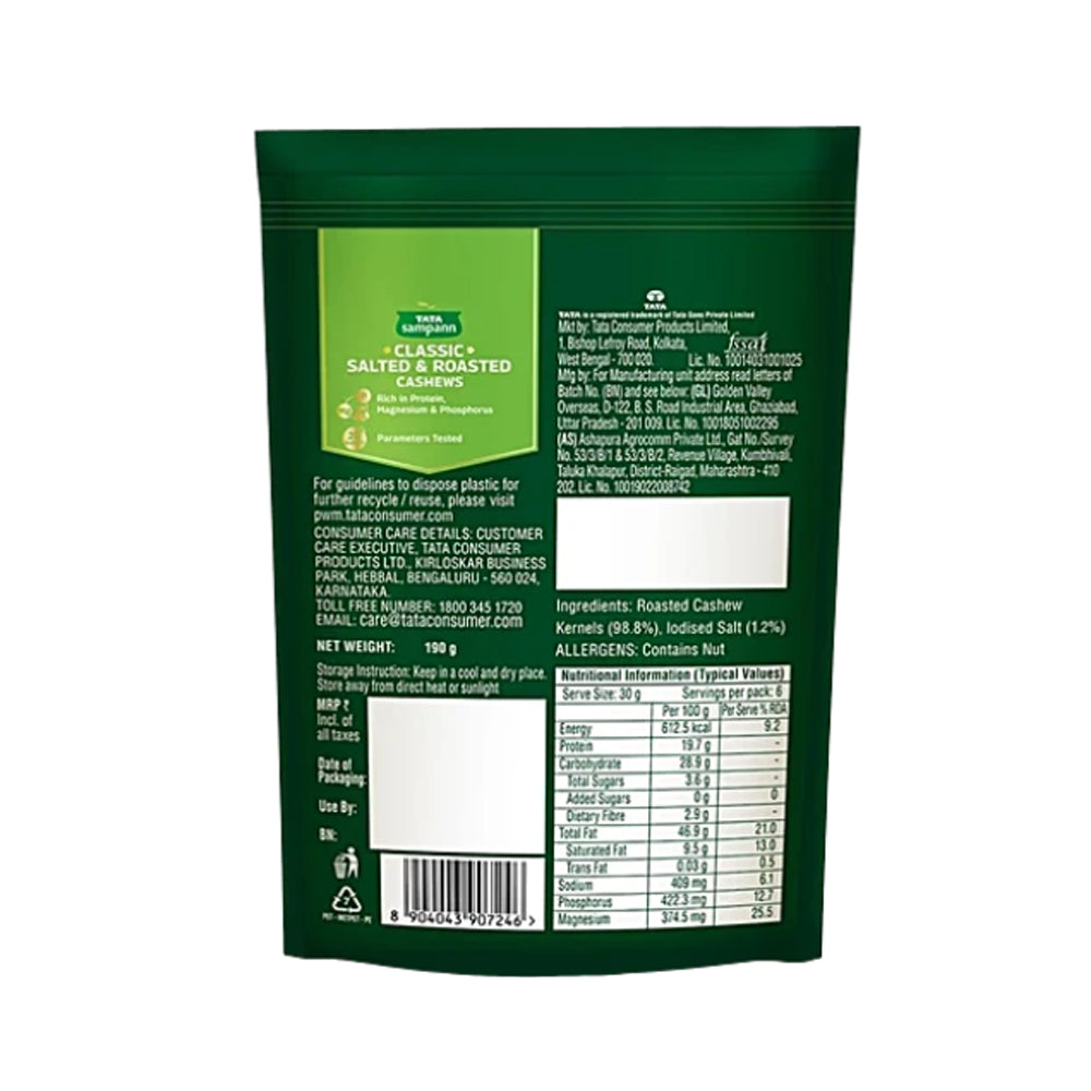 Tata Sampann Classic Salted & Roasted Cashews/Kaju, 190 g